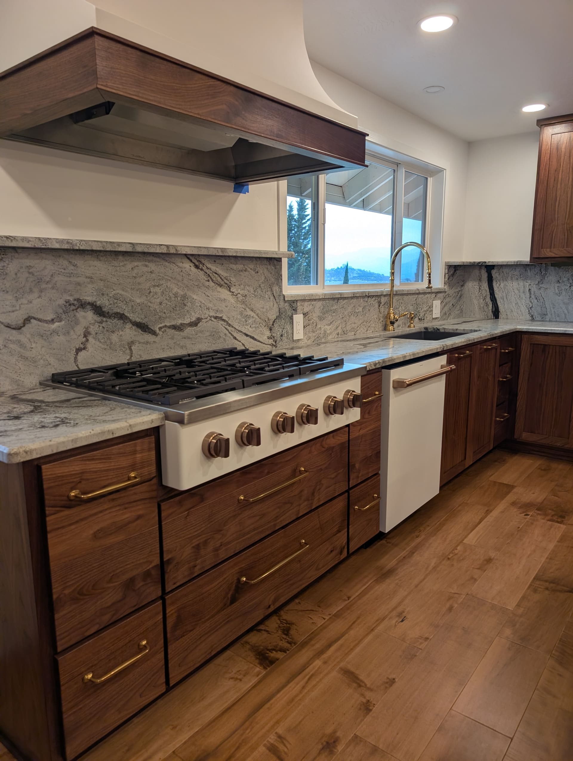 Walnut range wall with dramatic granite backsplash and brass gooseneck faucet